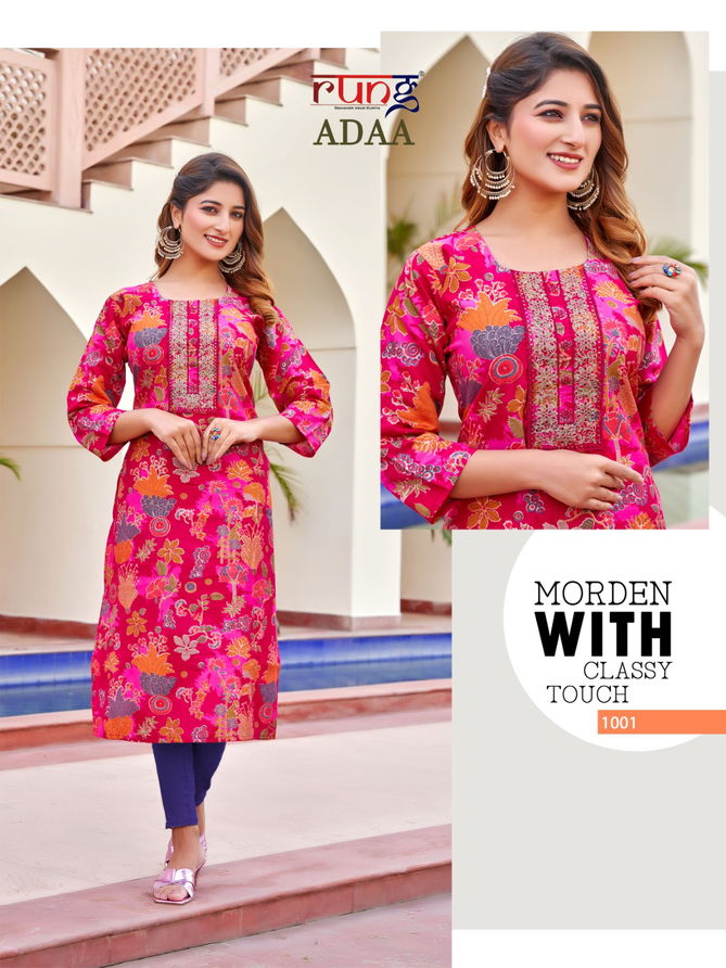 Adaa By Rung Silk Printed Embroidery Kurtis Wholesale Price In Surat
